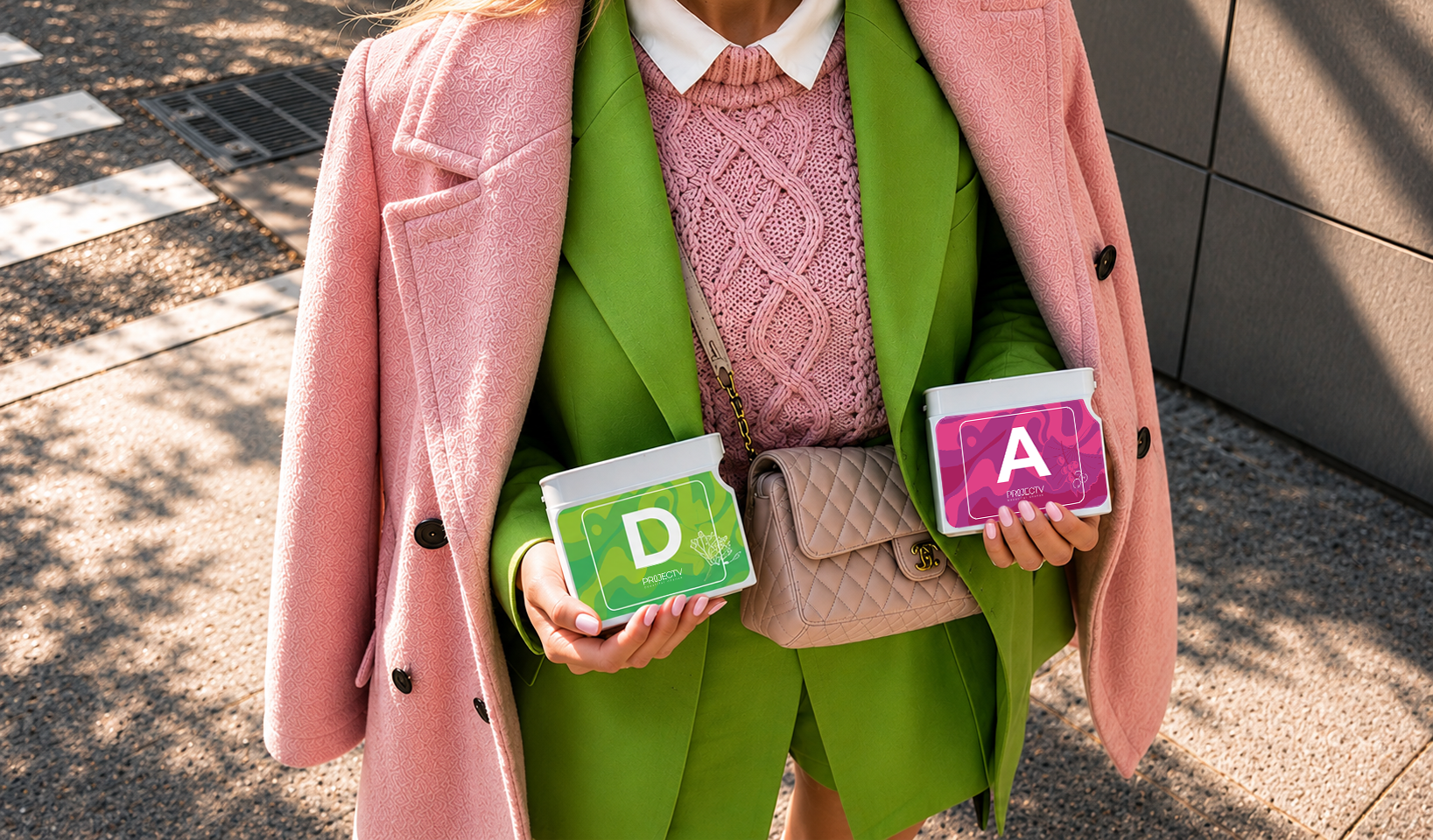 D and A products with woman in pink green outfit