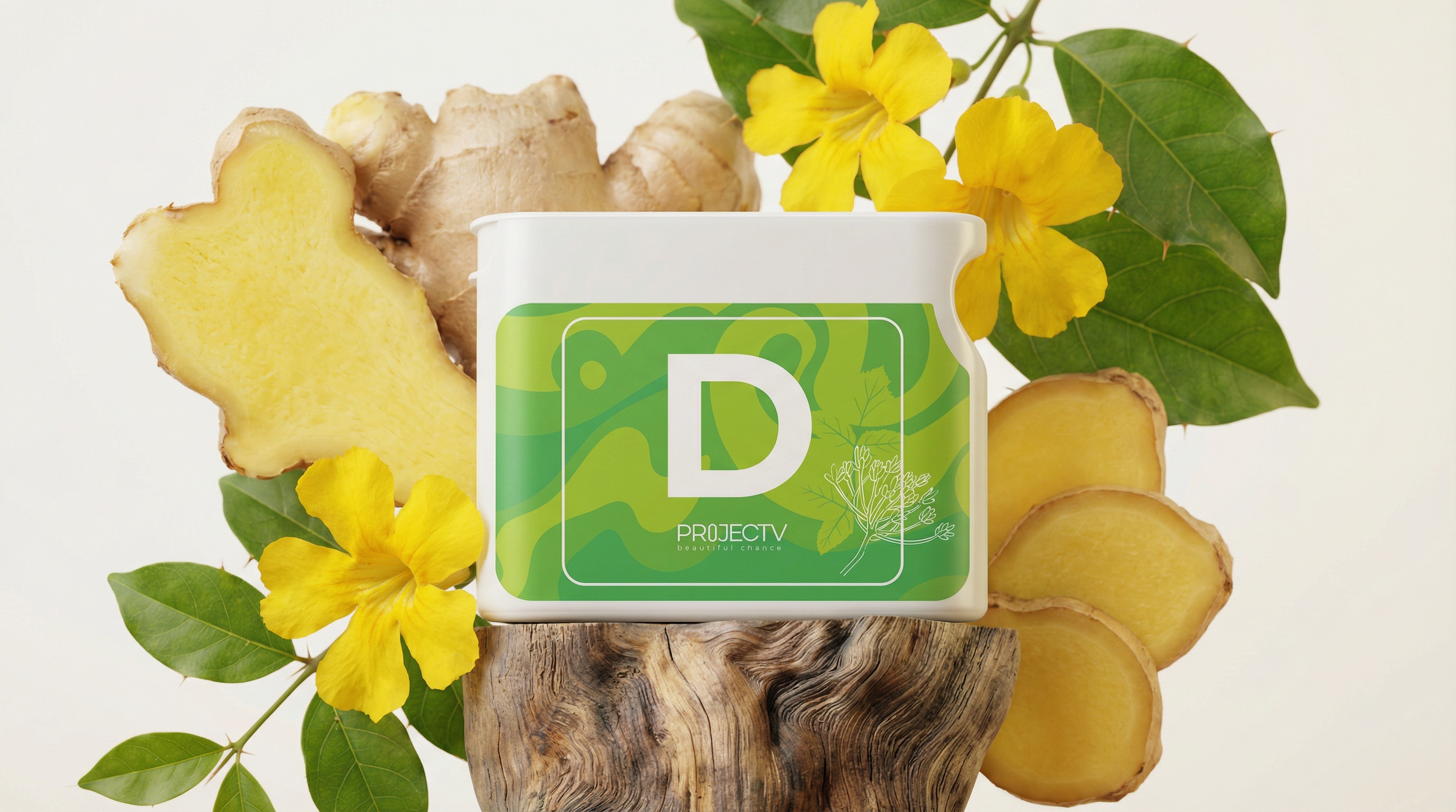 D jar with ginger root and yellow flowers