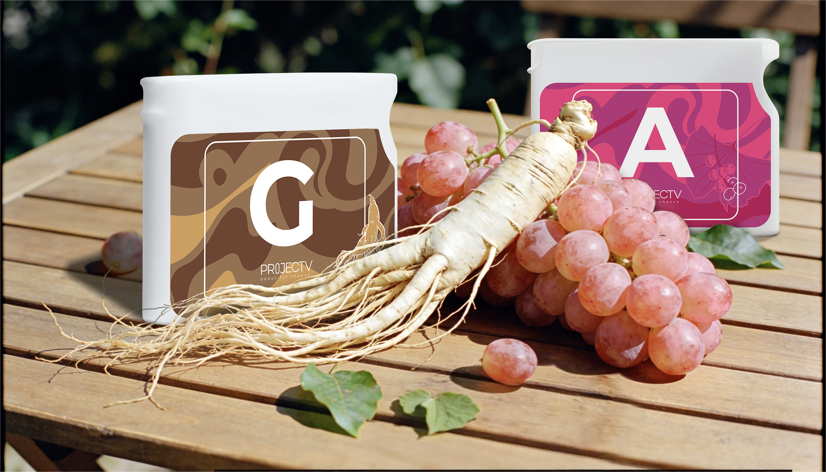 G and A jars with ginseng and grapes