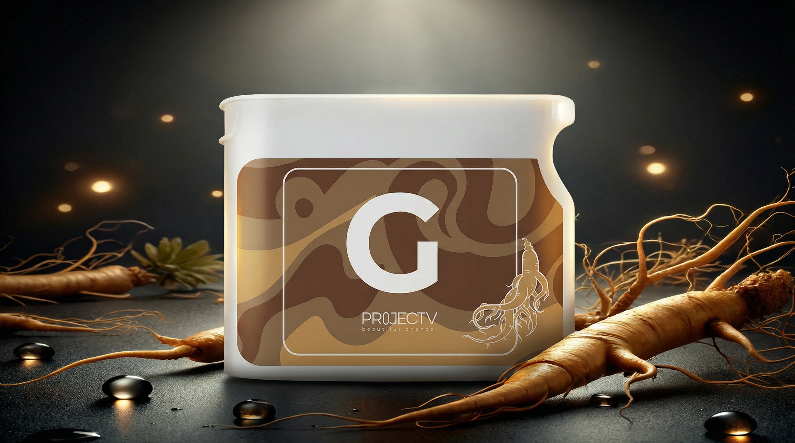 G jar with ginseng roots on dark background