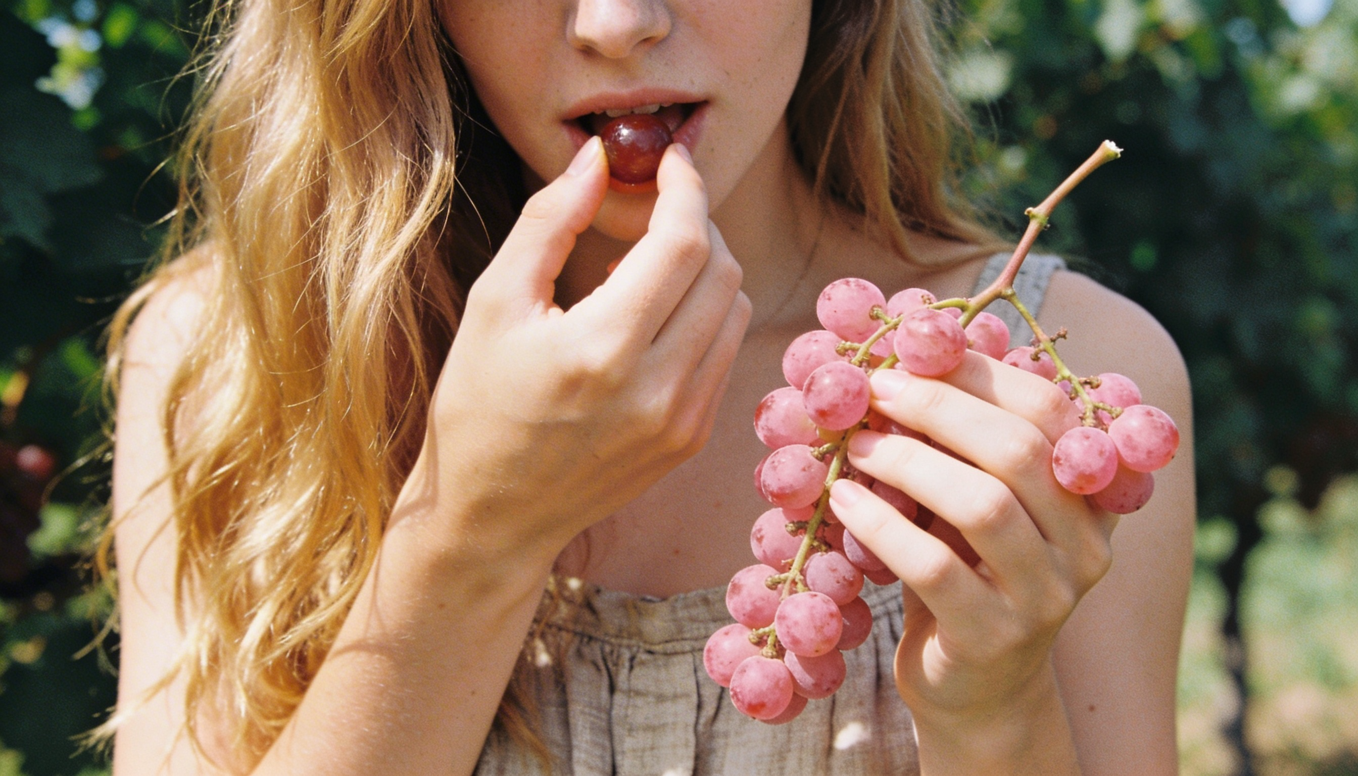 Girl eating pink grapes
