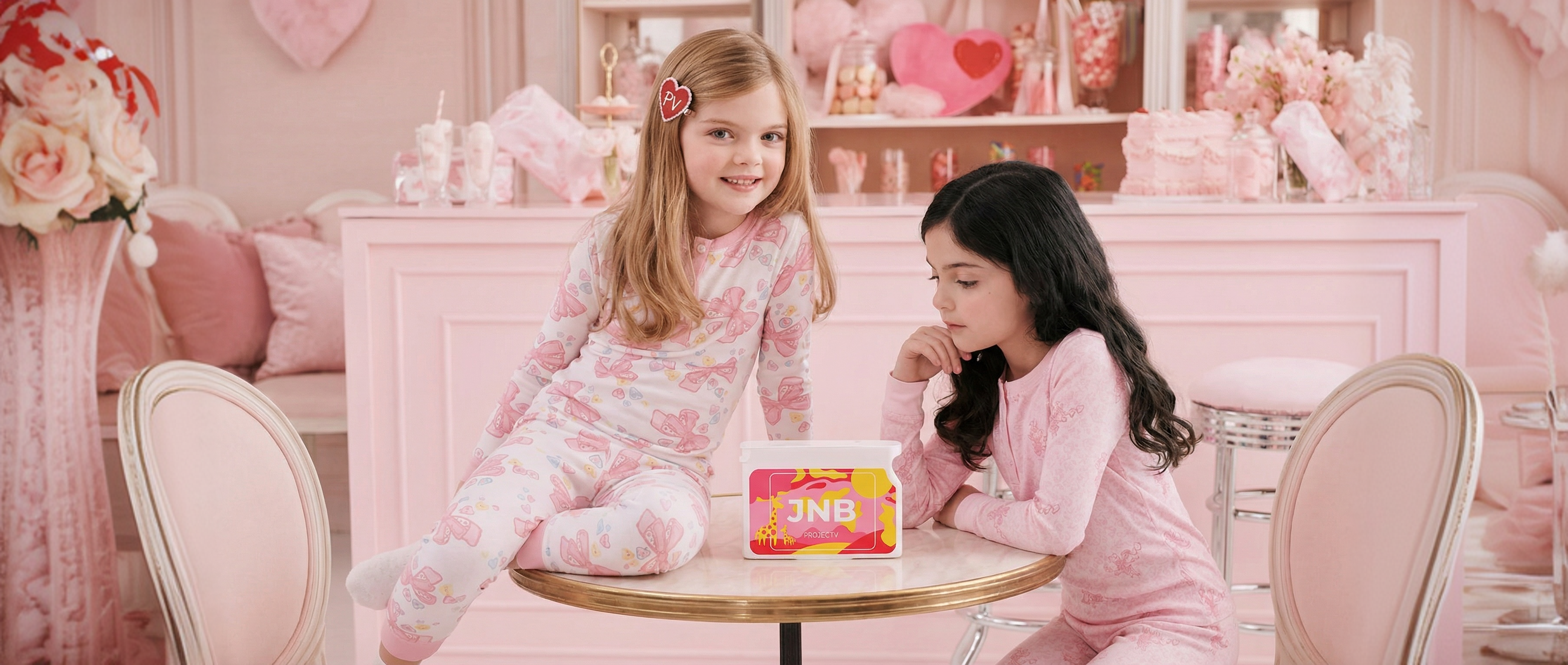 JNB jar with girls in a pink candy shop