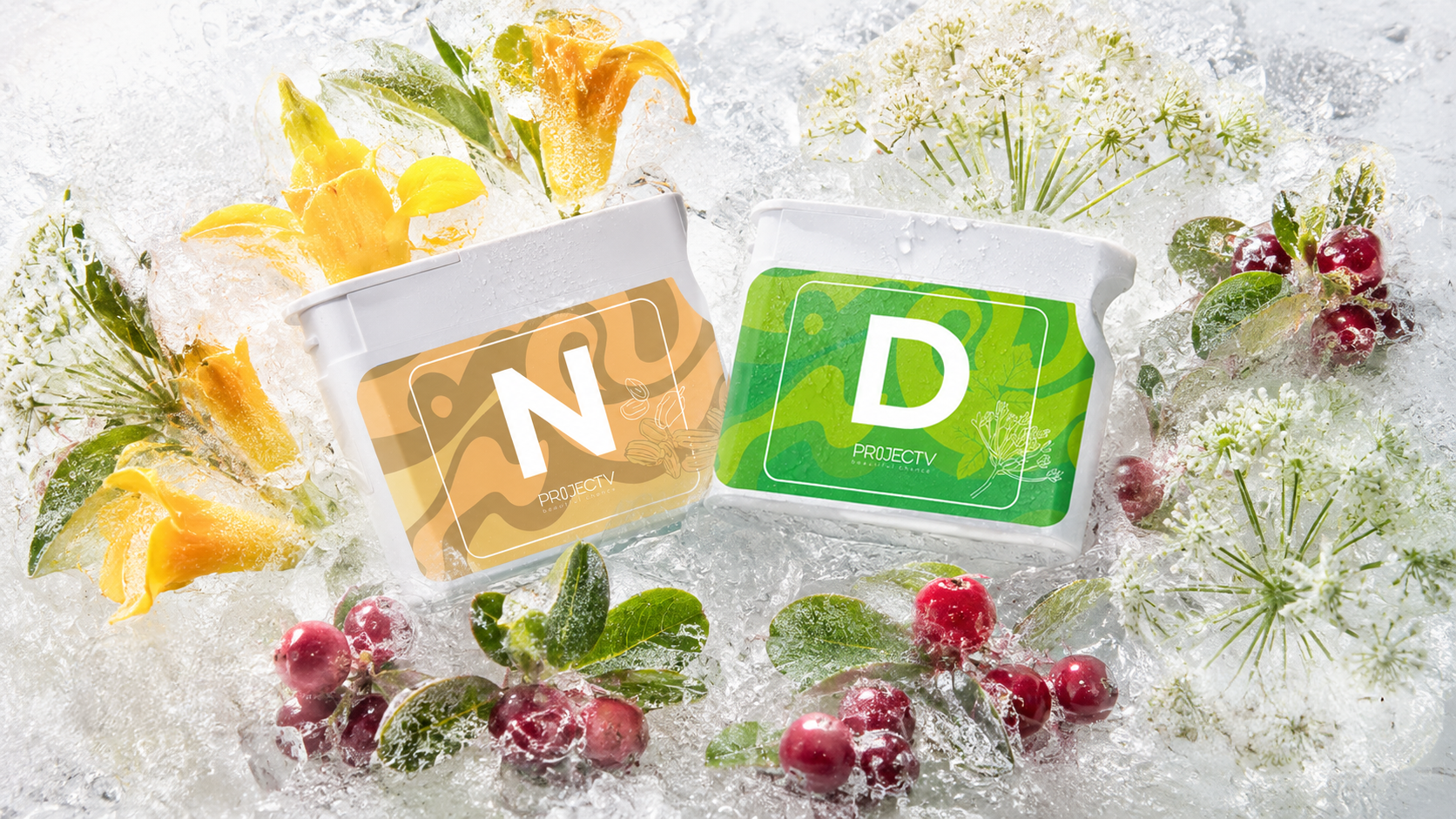 N and D jars in ice with cranberries