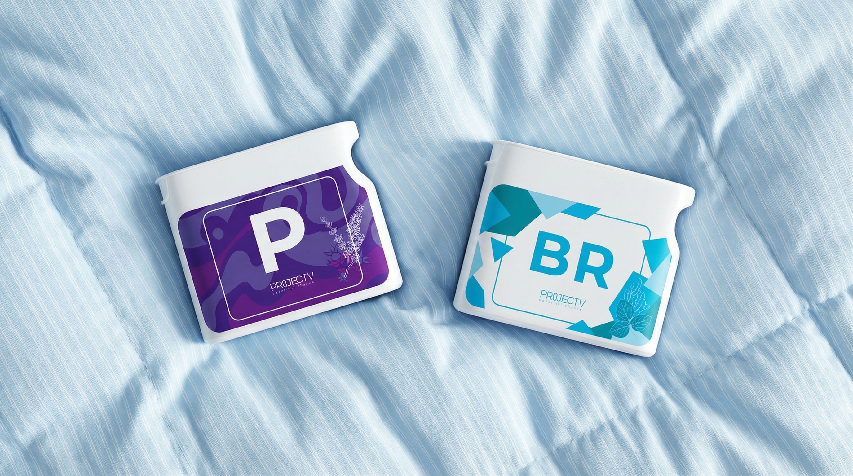P and BR jars on a blue bedsheet