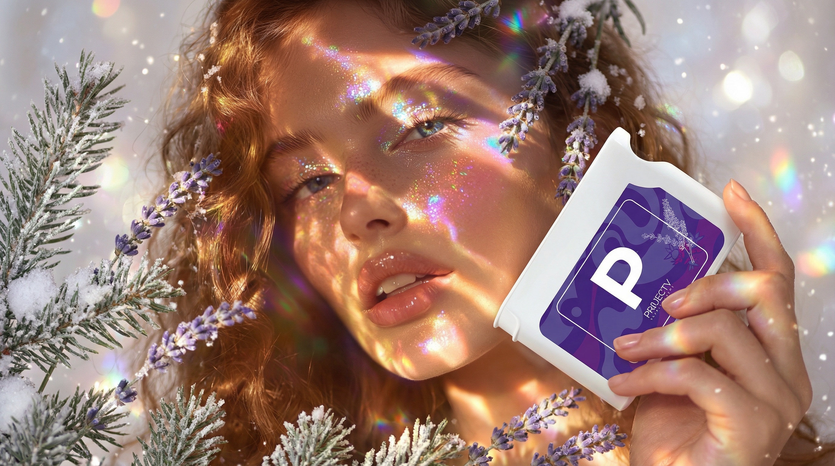 Woman with P jar among lavender in snow