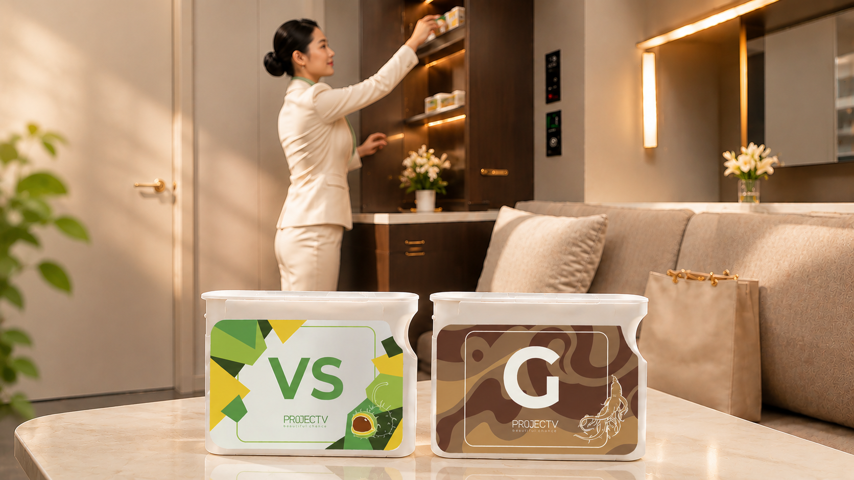 VS and G jars in a hotel room with staff