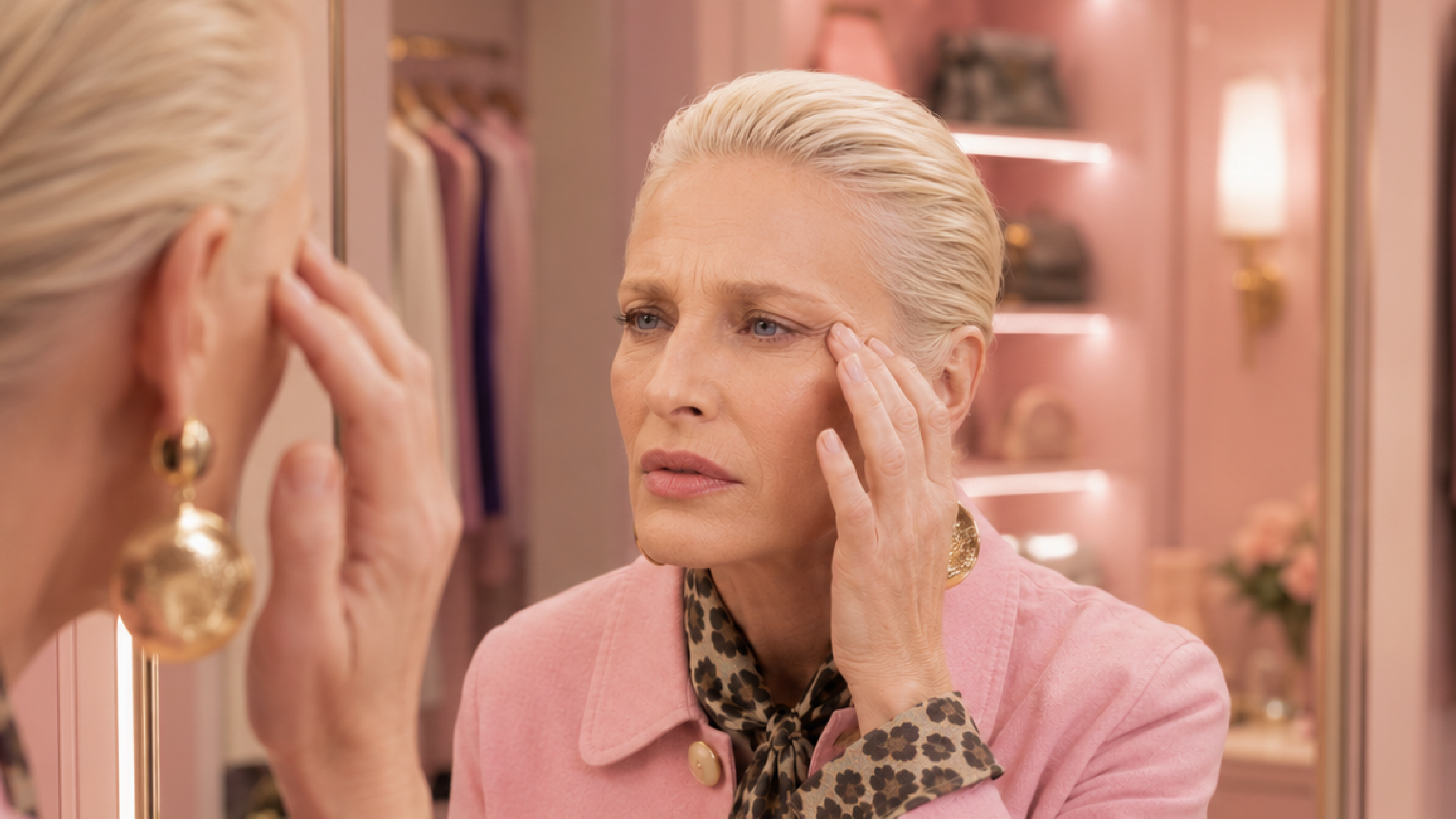 Woman checking her face in the mirror