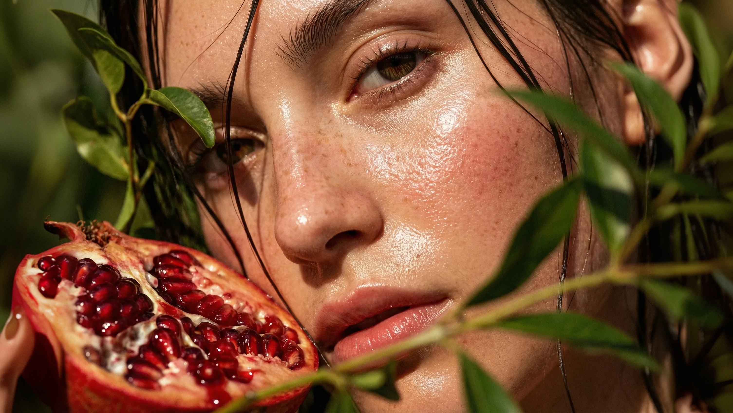 Woman's face closeup with pomegranate