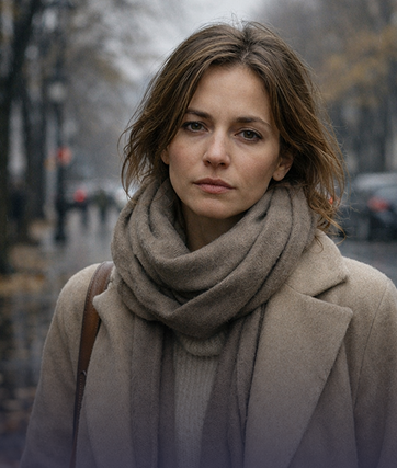 Woman in the light coat is sad